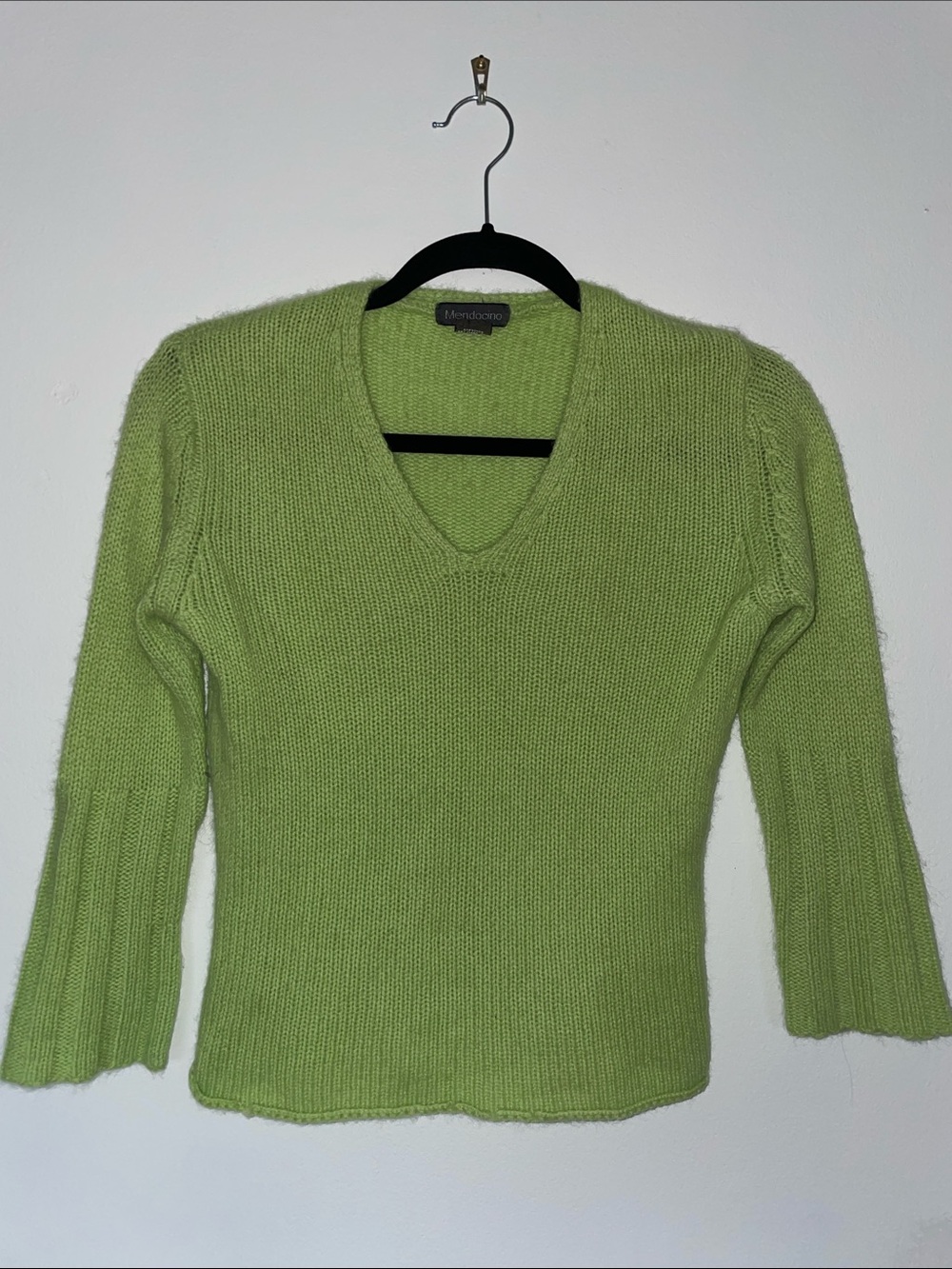 Mendocino Lime Green V-Neck Knit Sweater 100% Cashmere XS S